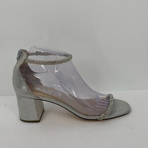 Nina Barby sandals silver crystal rhinestone ankle strap chunky heel shoe 7.5